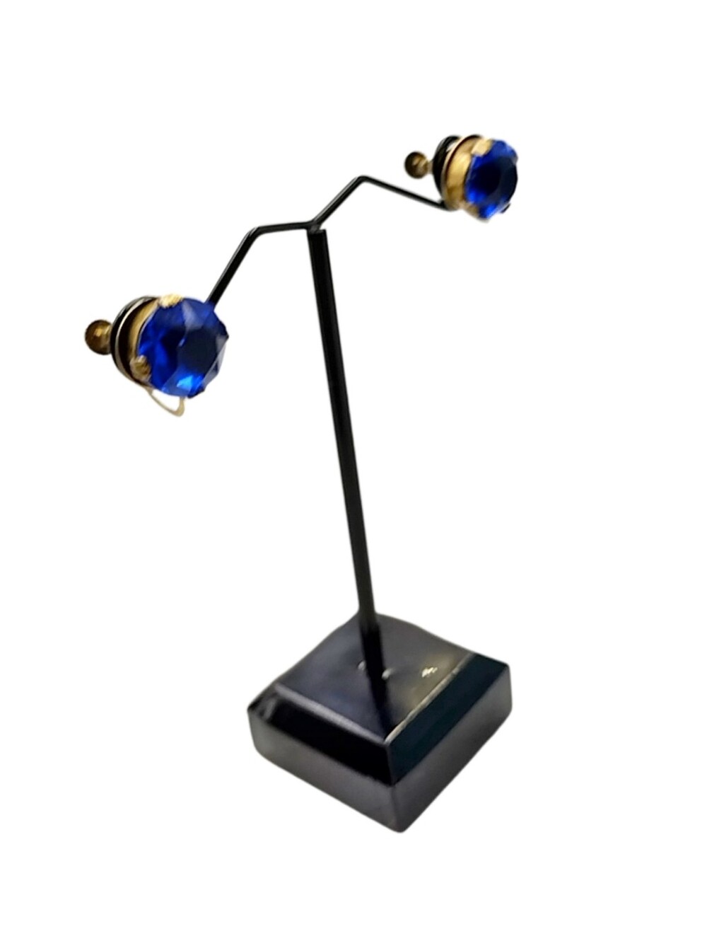 Blue Faceted Crystal Gold Tone Screw-Back Earrings 0.4"